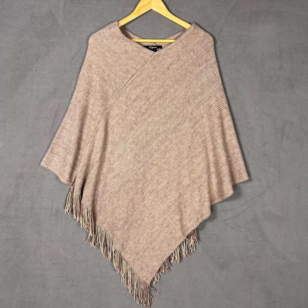 Cejon OSFM C1432 Knit Poncho Shawl Fringe Hem Pink Neutral Boho Cottagecore
